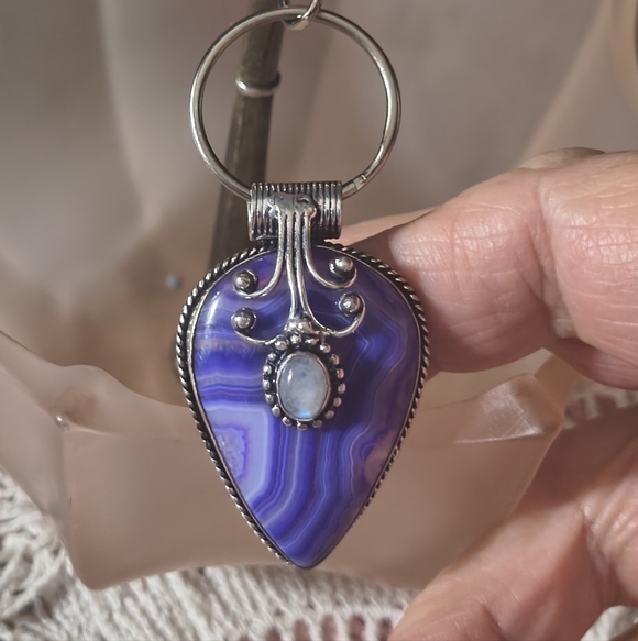 Purse Charm or Key Chain or Pendant, Purpleish Bluish Gemstone in Silver Tone - Picture 2 of 3